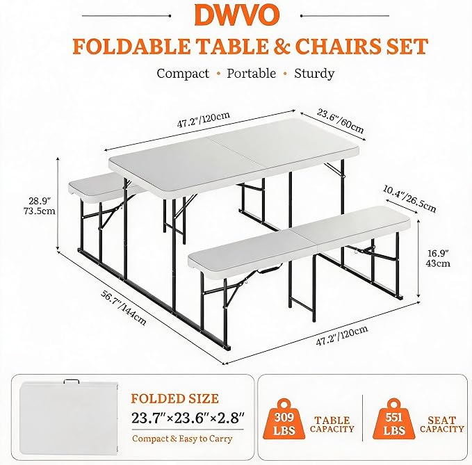 DWVO 4.5ft Picnic Table, Outdoor Folding Picnic Tables with Benches | Heavy Duty Plastic Table Benches for Outside, Portable Resin Camping Table for Events Tailgating Beach Garden Utility, White