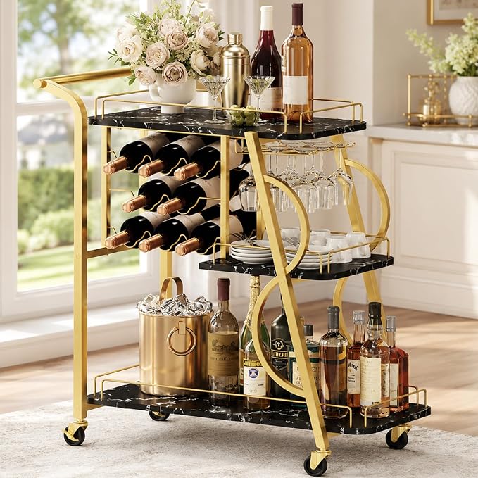 Bar Cart for Home, Home Bar Serving Cart on Wheels, 3 Tier Liquor Carts with Wine Rack and Glass Holder, Rolling Beverage Trolley (Gold & Marbleized Black)