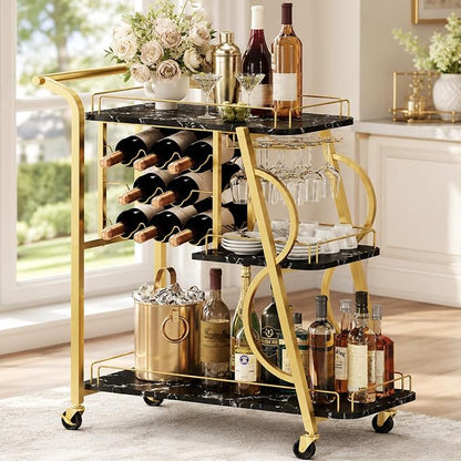 Bar Cart for Home, Home Bar Serving Cart on Wheels, 3 Tier Liquor Carts with Wine Rack and Glass Holder, Rolling Beverage Trolley (Gold & Marbleized Black)