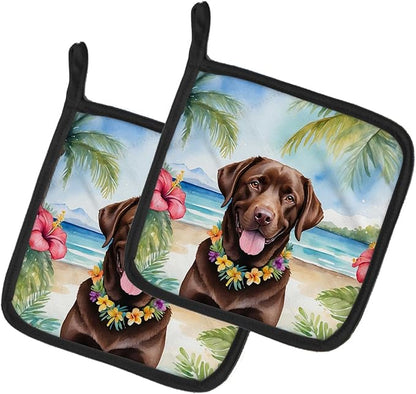 Caroline's Treasures Chocolate Labrador Retriever Luau Pair of Pot Holders Kitchen Heat Resistant Pot Holders Sets Oven Hot Pads for Cooking Baking BBQ, 7 1/2 x 7 1/2