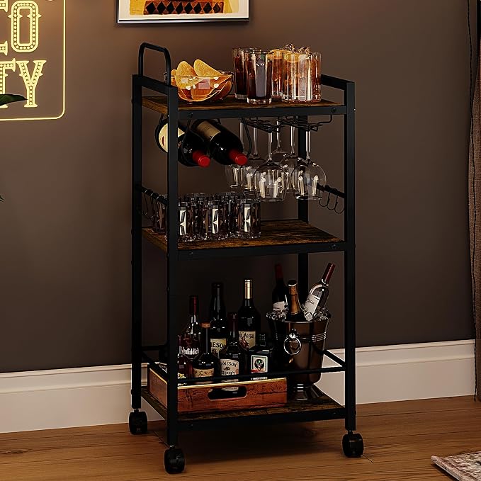 Bar Cart for The Home, 3 Tier Kitchen Carts with Wheels, Small Rolling Cart with Glass Holders, Wine Rack, Mini Bar Cart for Kitchen, Dining room, Living Room, 13.0"D x 17.0"W x 33.8"H, Rustic Brown