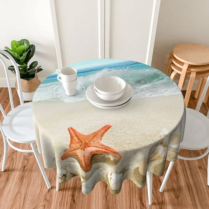 Sweetshow Summer Beach Tablecloth Round 60 Inch Waterproof Polyester Washable Circle Sand Starfish Ocean Waves Table Cover Table Cloth for Kitchen Dining Room Indoor Outdoor Picnic Patio Party
