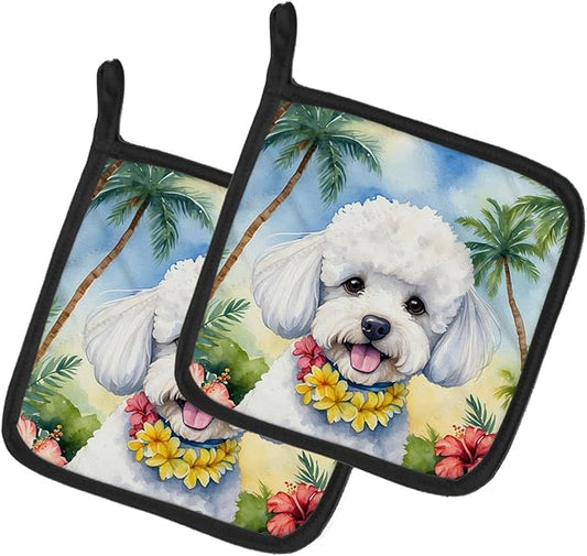Caroline's Treasures Bichon Frise Luau Pair of Pot Holders Kitchen Heat Resistant Pot Holders Sets Oven Hot Pads for Cooking Baking BBQ, 7 1/2 x 7 1/2