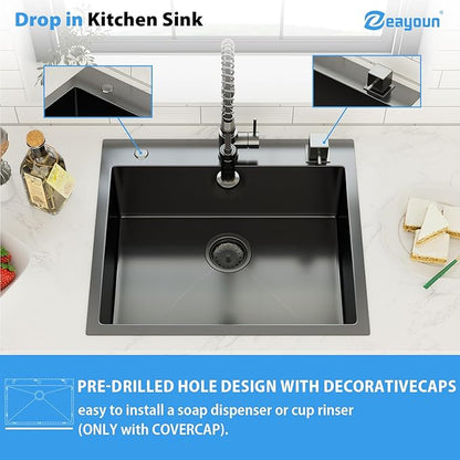 25 Inch Gunmetal Black Drop In Kitchen Sink 25 x 22 Kitchen Sink 18 Gauge Stainless Steel Single Bowl Topmount Sink with Nano Coating, 25x22x8