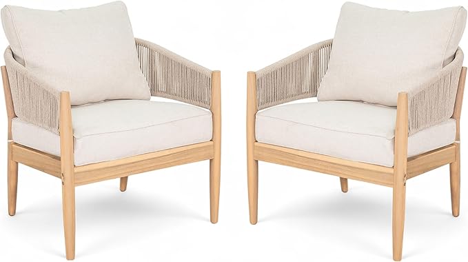 Christopher Knight Home Naomi Set of 2 Patio Acacia Wood Club Chair with Cushion, Handwoven Rope Lounge Chair Outdoor for Porch/Backyard, Stylish Garden Seating with Curved Backrest, Beige+Light Brown