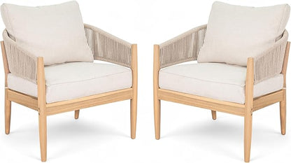 Christopher Knight Home Naomi Set of 2 Patio Acacia Wood Club Chair with Cushion, Handwoven Rope Lounge Chair Outdoor for Porch/Backyard, Stylish Garden Seating with Curved Backrest, Beige+Light Brown