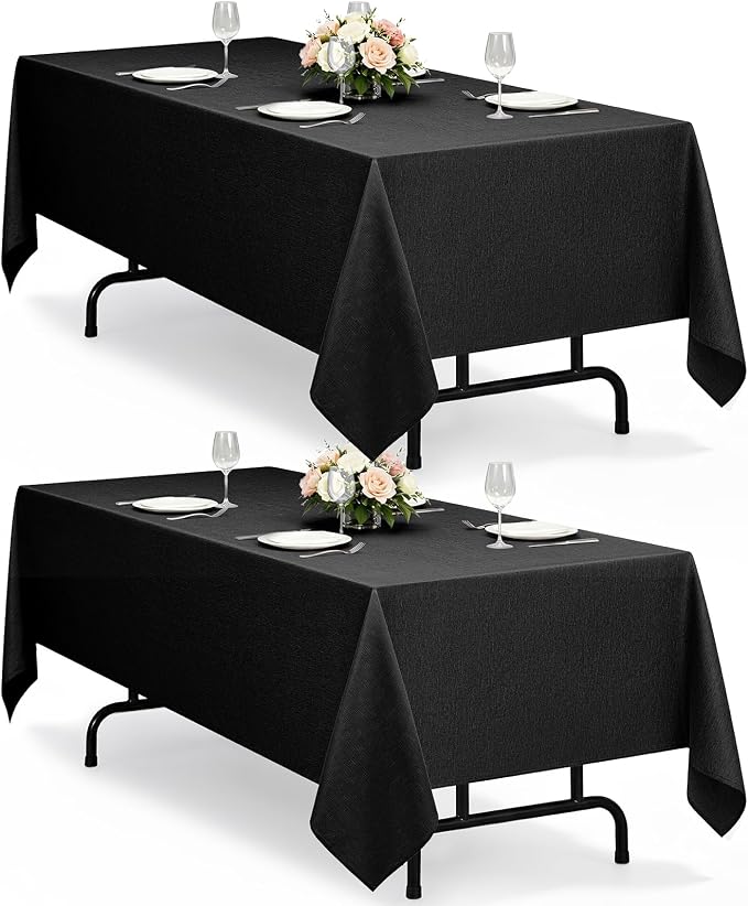 Decorelia Waterproof Black Table Cloths for Rectangle 6 Ft Table-2 Pack, Washable Polyester Rustic Fabric Faux Linen Reusable Table Cloth Cover for Wedding,Outdoor,Events, Party,Dining, 60x102 Inch
