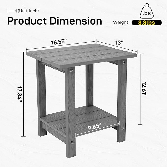Outdoor Side Table, Weather Resistant Double Small Adirondack Side Table, Outdoor Indoor End Table for Chair, 17" Patio Table for Pool, Deck and Porch, Black (Item2, Grey)