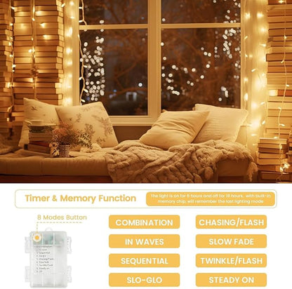 4 Pack String Lights Battery Operated with Timer, 66FT 200 LED Waterproof Battery Twinkle Lights, 8 Modes Fairy Light for Indoor & Outdoor Party Bedroom Porch Tree Christmas Decorations (Warm White)