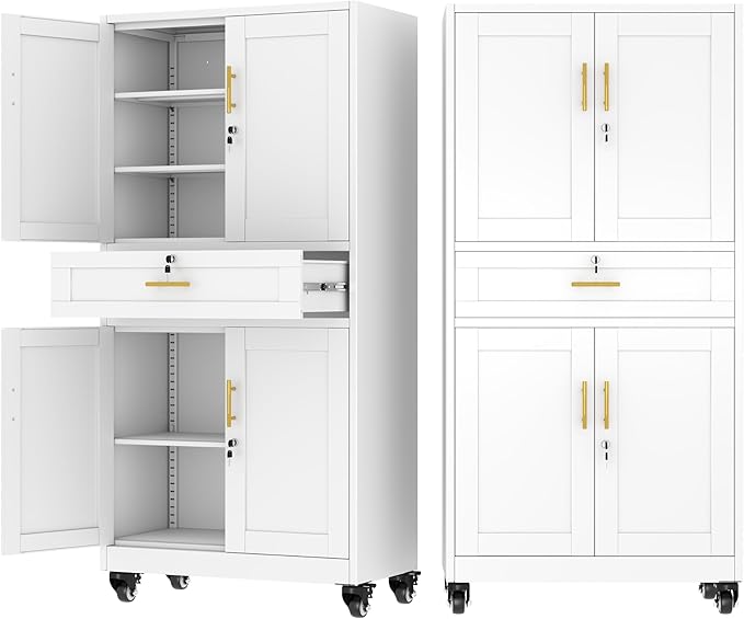 Ckzbx Metal Garage Storage Cabinet with Locking Drawers and Adjustable Shelves,71" H Steel File Cabinet with Wheels for Garage,Office (White)