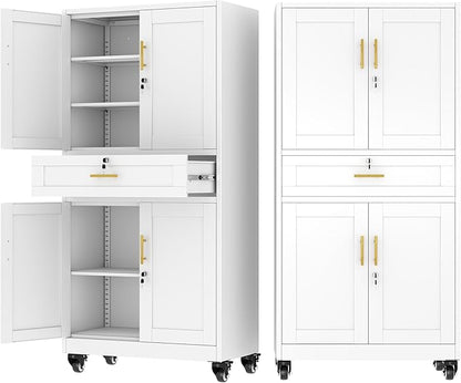 Ckzbx Metal Garage Storage Cabinet with Locking Drawers and Adjustable Shelves,71" H Steel File Cabinet with Wheels for Garage,Office (White)
