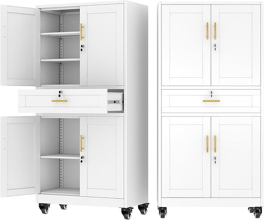 Ckzbx Metal Garage Storage Cabinet with Locking Drawers and Adjustable Shelves,71" H Steel File Cabinet with Wheels for Garage,Office (White)