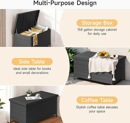 ONBRILL 158 Gallon XL Deck Box with Lid, All Weather Wicker Outdoor Storage Box Waterproof, Large Outdoor Patio Storage Bin for Cushions, Garden Tools, Gears, Pool Accessories, Black