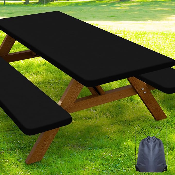 Smiry Picnic Table Cover with Bench Covers, Waterproof Elastic Fitted Polyester Tablecloths for 8 Ft Rectangle Tables, Washable Windproof Tablecloth for Camping, RV & Outdoor (Black, 30x96 Inches)