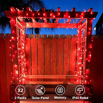 QITONG Red Solar String Lights, 2 Pack Each 66ft 200 LED Christmas Lights Outdoor Waterproof, 8 Modes Green Wire Twinkle Lights for Outside