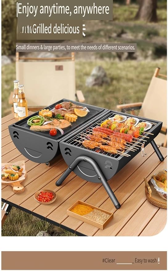 Portable Charcoal BBQ Grill, 16.7x11.4x11.6 inches, Foldable Steel Construction with Ash Pan, Smokeless Design for Camping and Outdoor Cooking (Round oven [Black with baking tray])