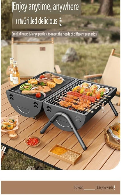 Portable Charcoal BBQ Grill, 16.7x11.4x11.6 inches, Foldable Steel Construction with Ash Pan, Smokeless Design for Camping and Outdoor Cooking (Round oven [Black with baking tray])