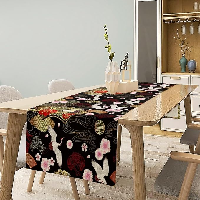 Vintage Oriental Cranes Table Runner Chinese Japanese Cherry Peony Flowers Spring Seasonal Holiday Dinner Runner for Wedding Party Kitchen Dining Decor 13x90in