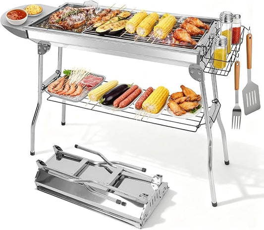 Portable Charcoal Grill, Large Stainless Steel Folding BBQ Grill with Storage Shelf, Foldable Barbecue Grill for Outdoor Cooking Camping Hiking Backyard Garden Picnic Parties Kabob (39x13.4x28 Inch)
