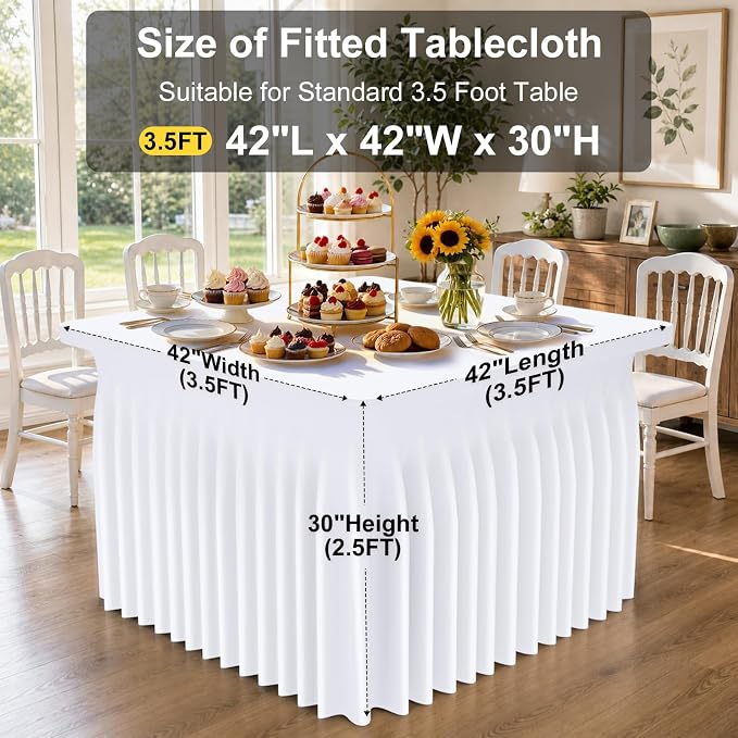 Smiry Spandex Elastic Fitted Table Cloth Skirt for 4FT Square Table | Stretch Washable Table Cloth, Banquet Table Cover for Wedding, Party, Indoor & Trade Shows, (White, 42Lx42Wx30H)