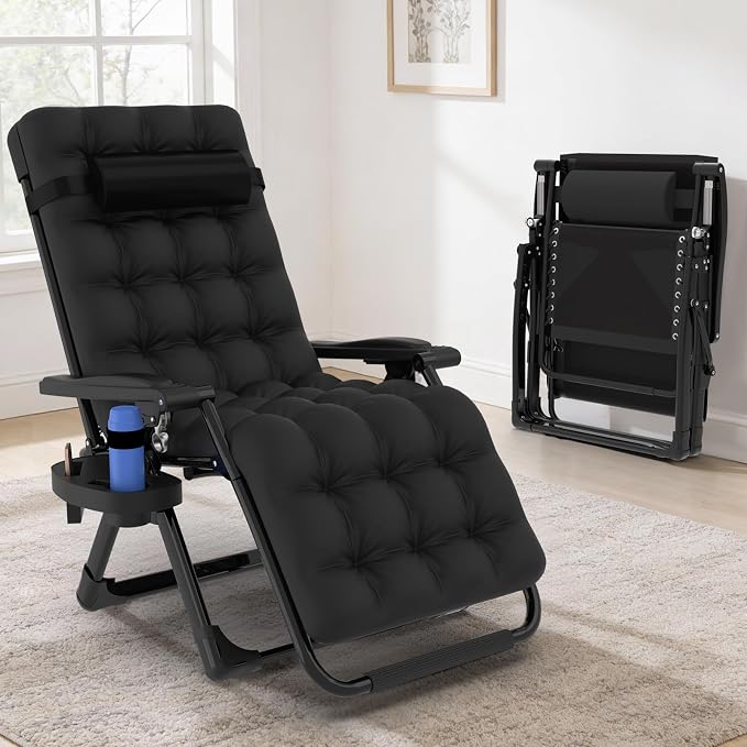 Slendor Zero Gravity Chair, Zero Gravity Lounge Chair with Upgraded Lock and Removable Cushion, Reclining Camping Chair with Cup Holder, Folding Recliner for Indoor and Outdoor, Black