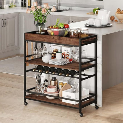 Bar Cart for The Home, Rolling Home Bar Serving Cart on Wheels, 3 Tier Liquor Beverage Carts with Wine Rack and Glass Holder (Rustic Oak)