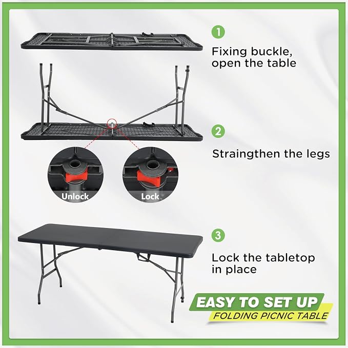 BestOffice | 6FT Folding Table | Black | Portable Plastic Table | with Carry Handle | Waterproof & Foldable Table Design | Steel Frame with Lock | for Events, Camping, Indoor & Outdoor Use