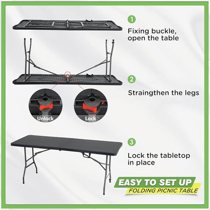 BestOffice | 6FT Folding Table | Black | Portable Plastic Table | with Carry Handle | Waterproof & Foldable Table Design | Steel Frame with Lock | for Events, Camping, Indoor & Outdoor Use