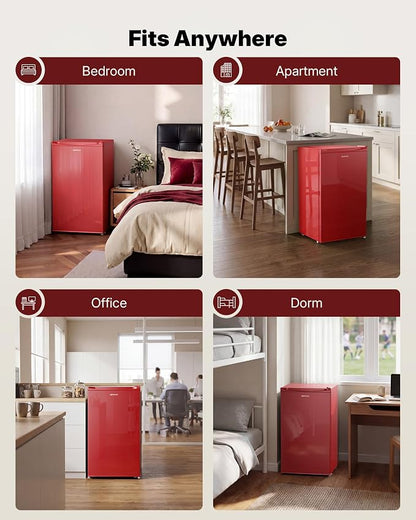 Upstreman 3.2 Cu.Ft Mini Fridge with Freezer, Red-BR321 | Adjustable Thermostat, Energy Saving, Low Noise, Reversible Door, Small Refrigerator for Dorm, Bedroom, Office
