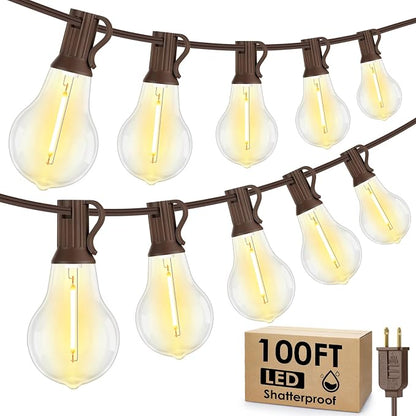 Larkvue 100FT LED Outdoor String Lights, 32 Shatterproof A39 Bulbs, Brown | Plug-in, Waterproof, Linkable, Warm White, Dimmable, for Balcony Backyard Bistro Pergola, Dimmer not Included