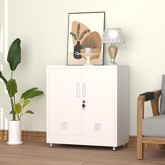 Metal Storage Cabinet with Locking Doors and Adjustable Shelf, Small Lockable Sideboard Buffet Cabinet for Home, Office, Entryway, Hallway, Living Room, Kitchen and Dining Room, White