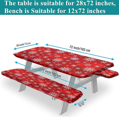 Christmas Picnic Fitted Tablecloth and Bench Covers, 3 Pieces Set, White Snowflakes on Red Background Print Elastic Edged Table Cover, 72x28 Inch, Table Cover for Indoor/Outdoor Picnic, BBQ and Dining