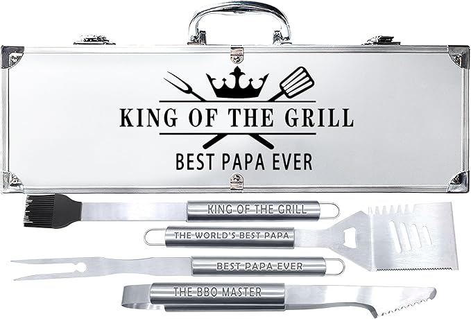 Bonsai Tree Papa Gifts, Papa Gifts from Grandkids, Grill Tool for Papa Present - Cool Grilling BBQ Set for Grandpa- Stainless Steel Heavy Duty Set 4