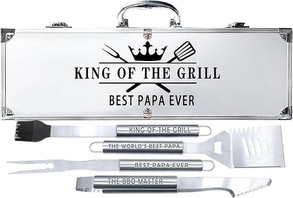 Bonsai Tree Papa Gifts, Papa Gifts from Grandkids, Grill Tool for Papa Present - Cool Grilling BBQ Set for Grandpa- Stainless Steel Heavy Duty Set 4