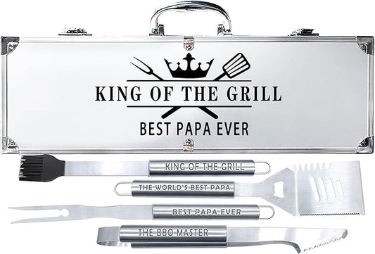 Bonsai Tree Papa Gifts, Papa Gifts from Grandkids, Grill Tool for Papa Present - Cool Grilling BBQ Set for Grandpa- Stainless Steel Heavy Duty Set 4