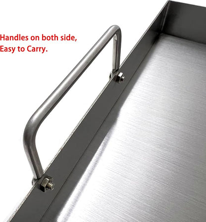 Parts DS127 Stainless Steel BBQ Cooking Griddle, Universal Flat Top Griddle with 2 Handles for Most Gas Grills, W25"×D16"×H2.75", Heavy Duty Stainless Steel Griddle 1pc, Large size