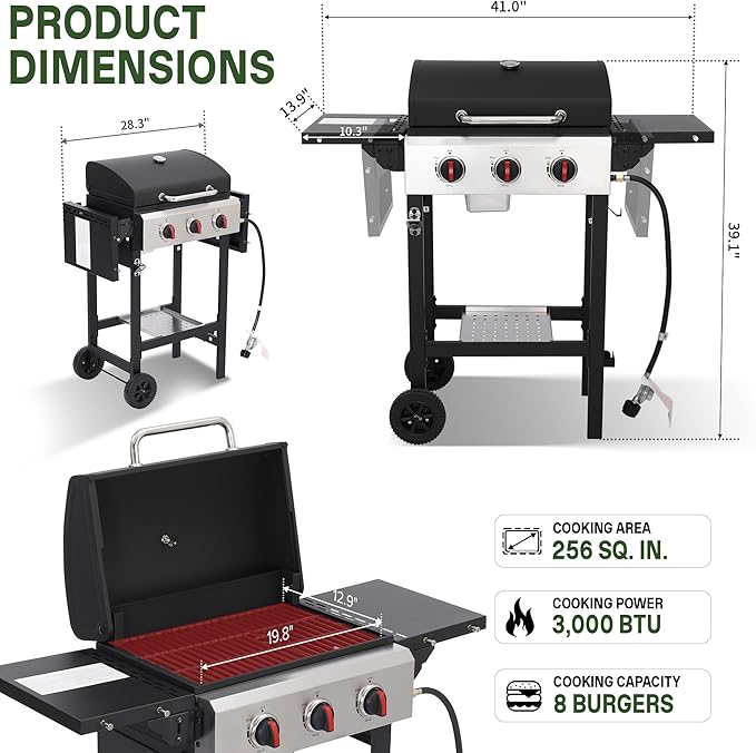 Propane Grill with Folding Side Tables, 3-Burner Gas Grill with Porcelain-Enameled Cast Iron Grates and Stainless Steel Grill Pan, 30,000 BTU BBQ Grill with Wheels for Outdoor Cooking