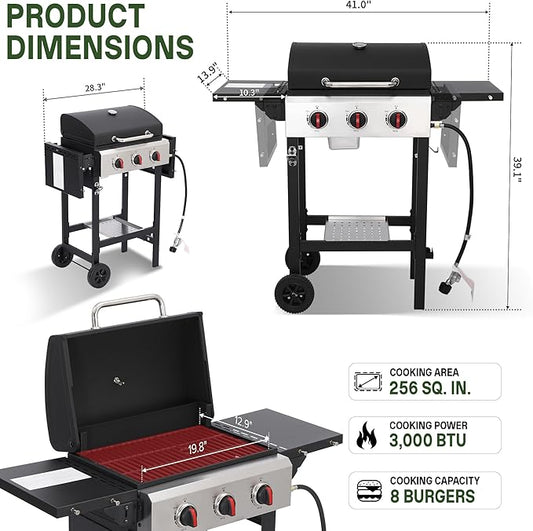 Propane Grill with Folding Side Tables, 3-Burner Gas Grill with Porcelain-Enameled Cast Iron Grates and Stainless Steel Grill Pan, 30,000 BTU BBQ Grill with Wheels for Outdoor Cooking
