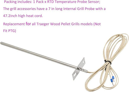 RTD Temperature Sensor, Not Include PTG, Replacement for Traeger Digital Thermostat Wood Pellet Grills Grill Oven Probe Replacement Part, 7.08in Internal Grill Sensor Probe, 47.2in Heat Woven Wires