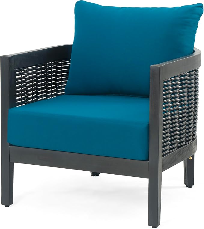 Christopher Knight Home Newine Acacia Wood Patio Accent Chair, Wooden Lounge Chair Outdoor, Wicker Club Chair with Removable Cushion, Comfy Reading Chair for Backyard/Garden/Balcony, Black+Dark Teal