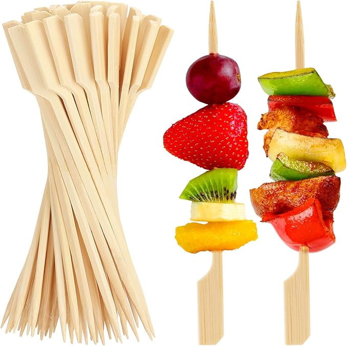 FATLODA 6 Inches Cocktail Picks Bamboo Skewers For Appetizers, 200PCS Paddle Wooden Skewers, Fancy Flat Toothpicks For Appetizers Party Sandwich Fruit Charcuterie