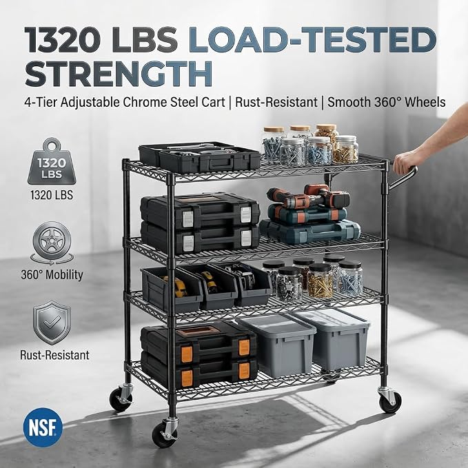 Finnhomy 4 Tier Heavy Duty Commercial Grade Rolling Cart with Handle Bar, Metal Wire Utility Cart with Wheels, Service Trolley on Wheels, Shelf Size 18" D x 36" W, NSF, Black