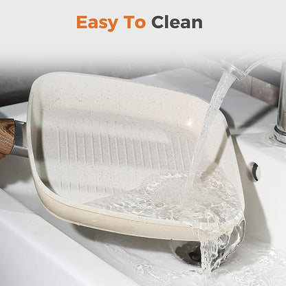 3-Piece Nonstick Grill Pan Set, Square Griddle Pans with Wooden Handle, Compatible with All Stovetops, Ideal for Steak, BBQ & Vegetables, 9.5", 10.2", 11", White