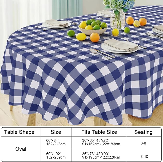 Smiry Oval Table Cloth, Vinyl Tablecloths with Flannel Backing, 60"x102" | Waterproof Picnic Table Cloth, Wipeable Buffalo Plaid Table Cover for Indoor and Outdoor (Navy & White)