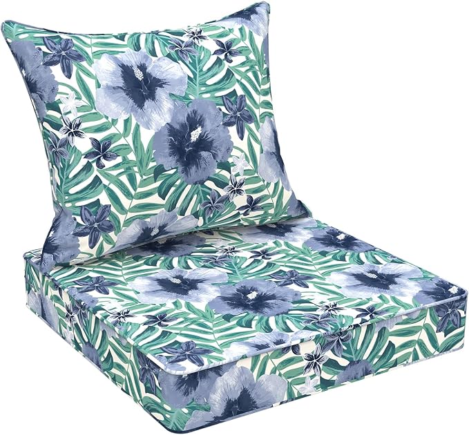 DYTXIII Outdoor Deep Seat Cushion Set, Water Repellent 24"x24" Patio Thick Cushions Replacement with Seat & Back Pillow for Patio Sofa, Wicker Chair, Couch - Blue Salmone Tropical