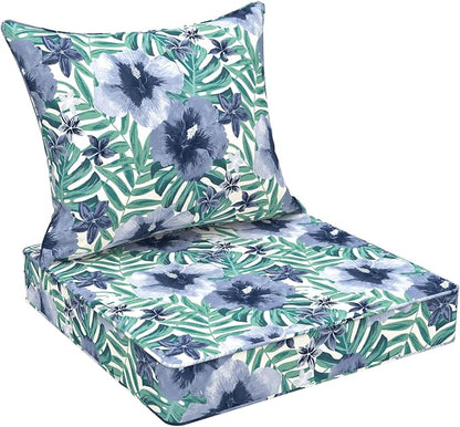 DYTXIII Outdoor Deep Seat Cushion Set, Water Repellent 24"x24" Patio Thick Cushions Replacement with Seat & Back Pillow for Patio Sofa, Wicker Chair, Couch - Blue Salmone Tropical