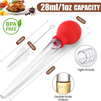 Large Turkey Baster for Cooking - Premium Baster Syringe for Hot Liquids - Heat-Resistant Silicone Bulb, Easy-Grip Design with Cleaning Brush - Dishwasher Safe - Baste Food with Ease - Red