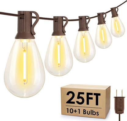 Larkvue 25FT LED Outdoor Patio String Lights, 10+1 S11 2700K Bulbs, Brown | Plug-in, Waterproof, Shatterproof, Linkable, Energy Efficient, Warm White, Dimmable, Dimmer not Included, for Backyard Deck
