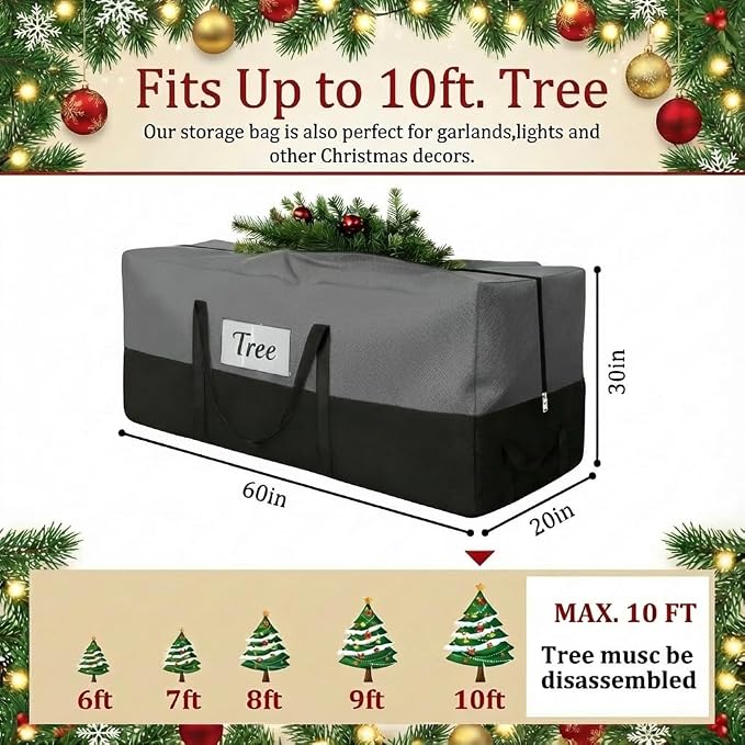 Christmas Tree Storage Bag, Fits Up to 10-12 Ft Tall Artificial Trees, Heavy Duty 600D Oxford Skeleton Storage Box with Reinforced Handles, Zipper, Transparent Pocket, Gray