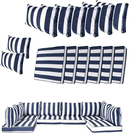 14 Piece Outdoor Patio Cushion Cover Replacement, Waterproof Patio Cushion Covers, Outdoor Furniture Cushion Covers Set for 6 Seat Wicker Rattan Sofa (Blue+White Stripe)